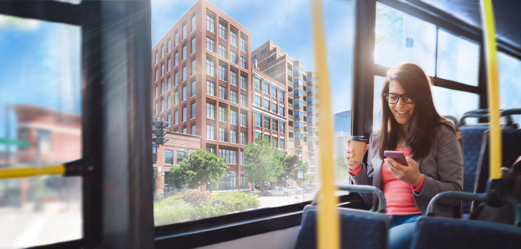 Women on a city bus passing the Randolph Office Center